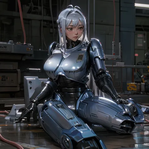 highest quality、masterpiece、a 40-year-old japanese woman transforms into an emotionless robot police officer.、silver hair、compos...