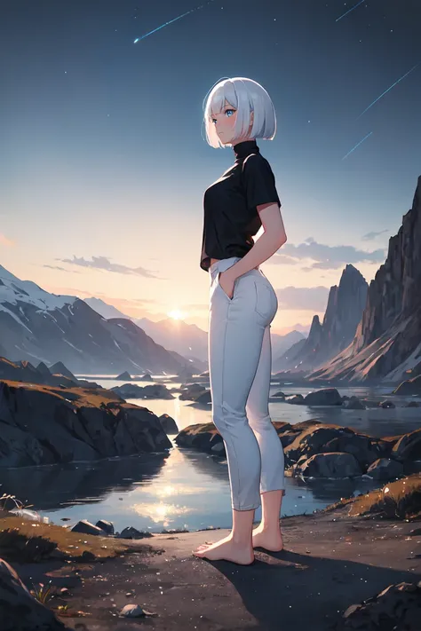 1girl, white hair, bob cut, black shirt, turtleneck, short sleeve, skinny pants, white pants, bare feet, standing, outdoors, night, night sky, mountains, masterpiece, best quality, aesthetic, ultra-detailed, illustration, 8K, highres