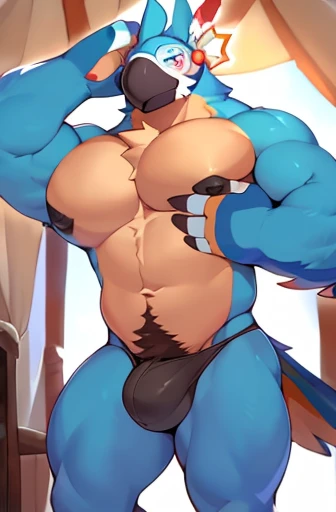 by null-ghost, solo, 1boy, male, anthro, kemono, kass (tloz), full body avian, topless male, handsome face, tiny thong (metallic color: jet black thong), bulge, large pecs, muscular, paws, dad, daddy, father, old man, 50-year-old middle-aged man, big black...