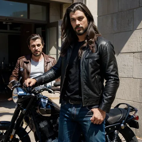 ((Guy)), shoulder length dark wavy hair, handsome guy named Jack the GAC, shirt, jeans, full body, motorcycle jacket, beard shadow, with his friends,