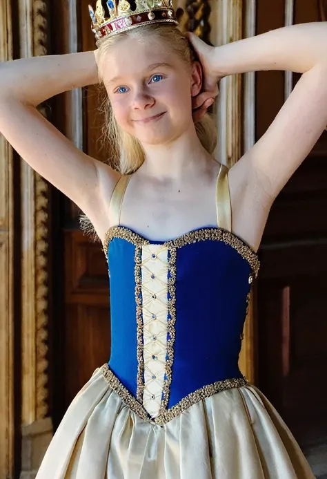 phone photo, natural look of 12 years old girl, wearing medieval strapless french dress, arms behind head, armpits, natural ligh...