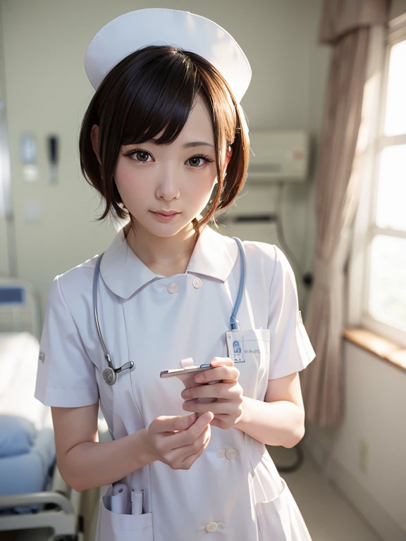 1 girl,(wearing white nurse clothes:1.2),(raw photo, highest quality), (realistic, photo-realistic:1.4), masterpiece, very delic...