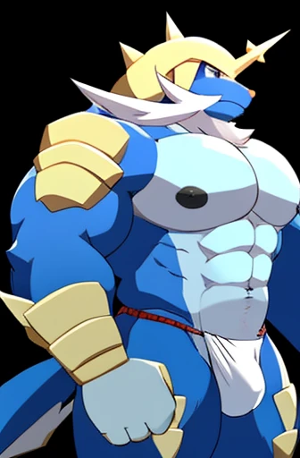 male, anthro, kemono, samurott, tail, detailed eyes, topless male, large pecs, muscular, big black nipples, fundoshi, bulge