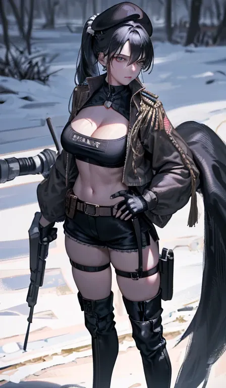  19 years old, (milf:0.8), (solo:1.5), (sfw:1.25), sexy breast, beautiful breasts, (medium tits:0.8), thin waist, big ass:1.0, Raised sexy, (black beret,black military jacket, open clothes, cleavage, midriff, black shorts, black thighhighs, thigh strap, fi...