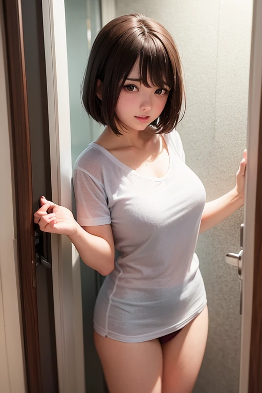 Female student、big breasts、I take a shower、wet t-shirt、panties、No skirts、short hair、brown hair