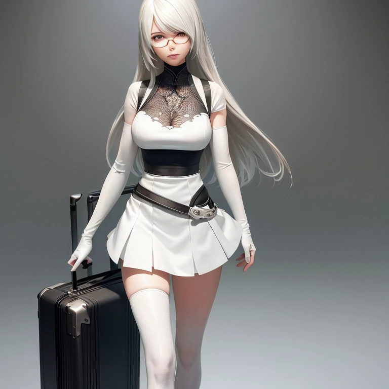 A woman with glasses, a human body, in the Nier: Automata art style, holding a suitcase, wearing white clothing with a skirt.

She is depicted with intricate detail, the contours of her body accentuated by the distinctive art style. The womans glasses fram...