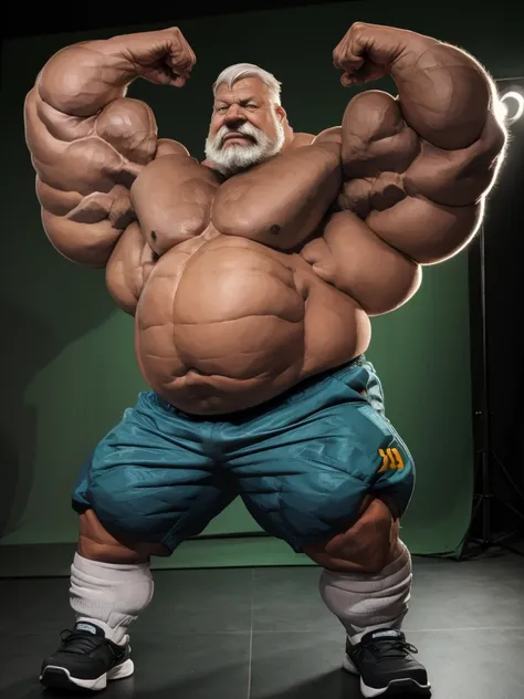 vector, mwvector, (best quality,4k,8k,highres,masterpiece:1.2),ultra-detailed,(realistic,photorealistic,photo-realistic:1.37),((massive muscular)) ((huge Muscular)) chubby old man standing in photo studio, simple background, flexing pectoral muscle, shorts...