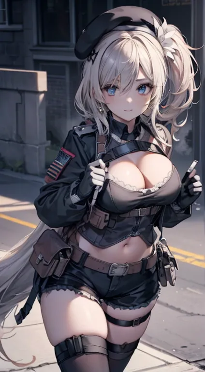  19 years old, (milf:0.8), (solo:1.5), (sfw:1.25), sexy breast, beautiful breasts, (medium tits:0.8), thin waist, big ass:1.0, Raised sexy, (black beret,black military jacket, open clothes, cleavage, midriff, black shorts, black thighhighs, thigh strap, fi...