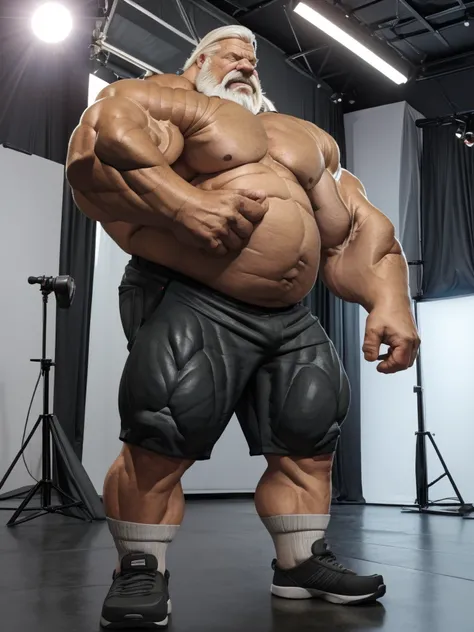 vector, mwvector, (best quality,4k,8k,highres,masterpiece:1.2),ultra-detailed,(realistic,photorealistic,photo-realistic:1.37),((massive muscular)) ((huge Muscular)) chubby old man standing in photo studio , shorts and shoes, white hair, super thick arms, s...