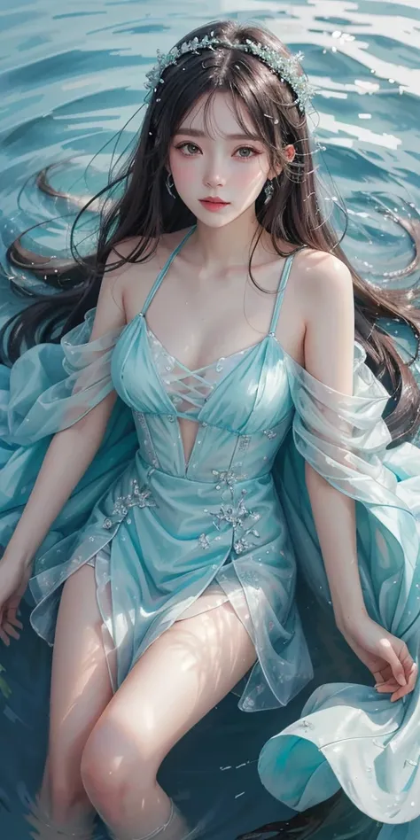 best quality，masterpiece，ultra high resolution，（Realism：1.4），RAW photos，cold light，woman wearing transparent dress underwater，Full body image，wallpaper anime blue water，Gurwitz-style artwork，Close-up fantasy of water magic，author：Yang Jie，Gurwitz，A beautif...