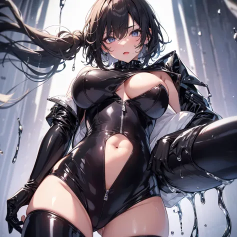 （High resolution，high lighting，4k），1 person,long face，short and fine hair，close up of face，big breasts，looking at the viewer，latex clothing，Dripping saliva,Drops of water are dripping from her crotch