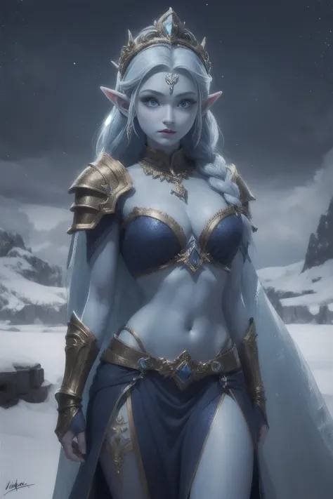 Blue skin, Frozen, Princess Zelda , rare, ice maiden, shiva armor, beautiful women, long icy hair, icy eyes, blue skin, winter village,