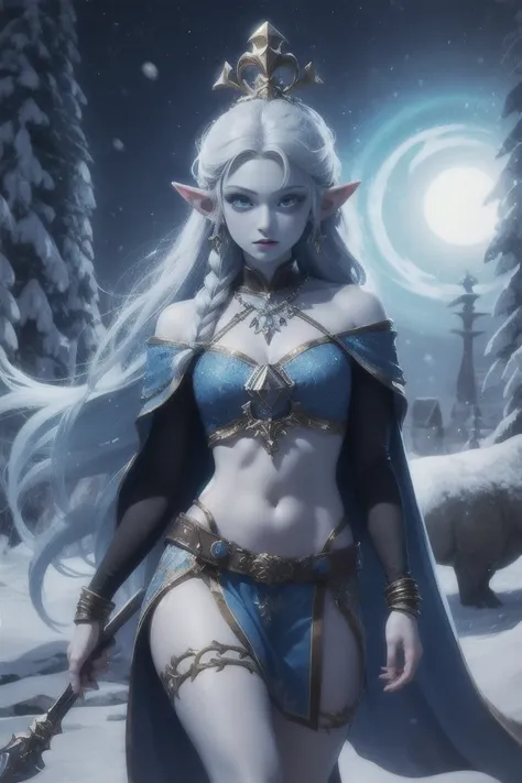 blue skin, frozen, princess zelda , rare, ice maiden, shiva loincloth armor, beautiful women, long icy hair, icy eyes, blue skin...