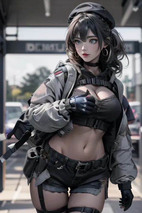  19 years old, (milf:0.8), (solo:1.5), (sfw:1.25), sexy breast, beautiful breasts, (medium tits:0.8), thin waist, big ass:1.0, Raised sexy, (black beret,black military jacket, open clothes, cleavage, midriff, black shorts, black thighhighs, thigh strap, fi...