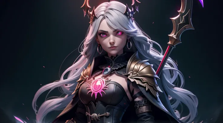 upper woman necromancer in ornate black armor, skull makeup, red collar, pauldrons, breastplate, corset, glowing halo, single braid, gray hair, green glowing eyes, bright pupils, eye focus, red cape, temple indoors, stained glass windows, night, moonlight,...