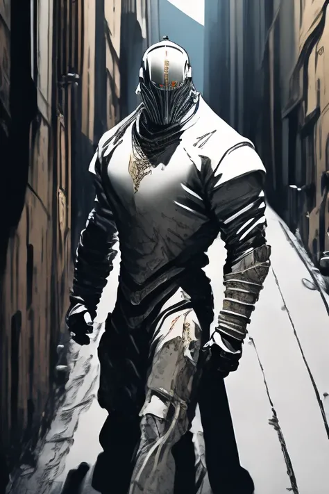 Warforged in a white shirt with rolled up sleeves and a blue tie leaning against a wall on an urban street.