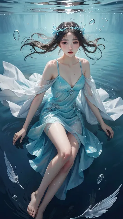 best quality，masterpiece，ultra high resolution，（Realism：1.4），RAW photos，cold light，woman wearing transparent dress underwater，Full body image，wallpaper anime blue water，Gurwitz-style artwork，Close-up fantasy of water magic，author：Yang Jie，Gurwitz，A beautif...