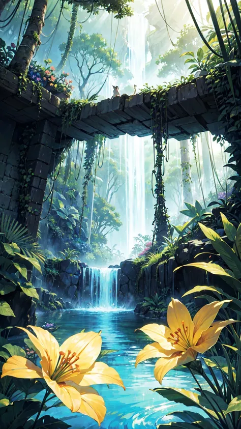 masterpiece, best quality, ultra high res, ultra-detailed, beautiful, tropical rainforest, vibrant flowers, serene landscape
