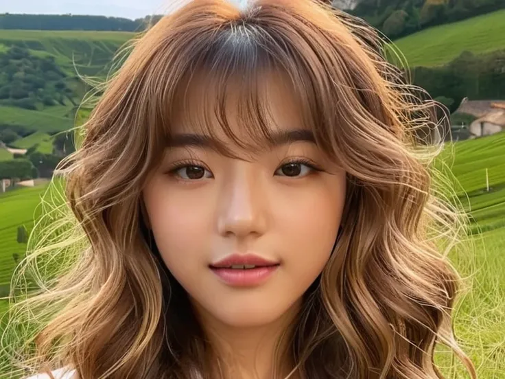 (high resolution, ultra-detailed, photorealistic), selfie of 1girl, sjang, long wavy light brown hair with bangs, background: french landscape, realistic face, accurate, beautiful