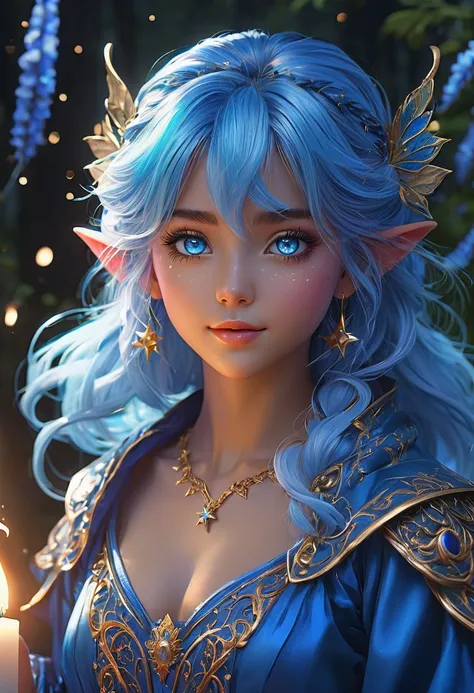 Full body, oil painting, fantasy, Pixie girl, tanned-skinned-female, ((beautiful detailed face and glowing blue anime eyes)), bright straight blue hair, rosy cheeks, smiling, looking at the viewer, Elemental sorceress wearing intricate detailed blue robes ...