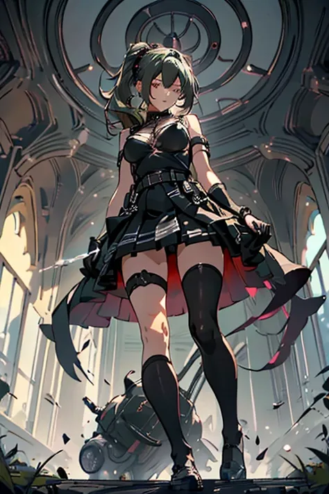  22 years old, (milf:0.8), (solo:1.5), (sfw:1.25), cute breast, beautiful breasts, medium tits,black suspenders,(Bulging ,big breasts:1.1),Black miniskirt,garters,Gaze,Small face,bangss,holster,Belt Armament,Beautuful Women, thin waist, big ass:1.0, Raised...