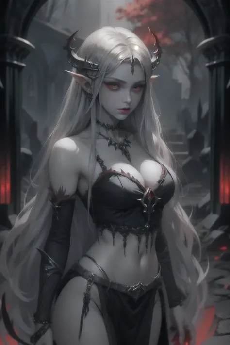 Grey skin, demonic, Princess Zelda , rare, cursed maiden, loincloth, armor, beautiful women, long silver hair, red glowing eyes, grey skin, dark aura, village ruins,