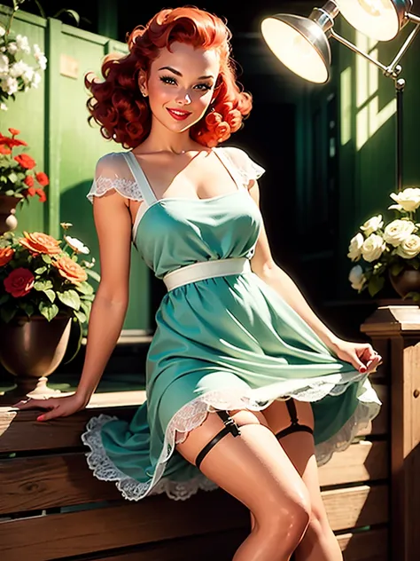 woman, vintage pin-up,red curly hair, little smile,fence soft flowery dress, garter belts, studio lights