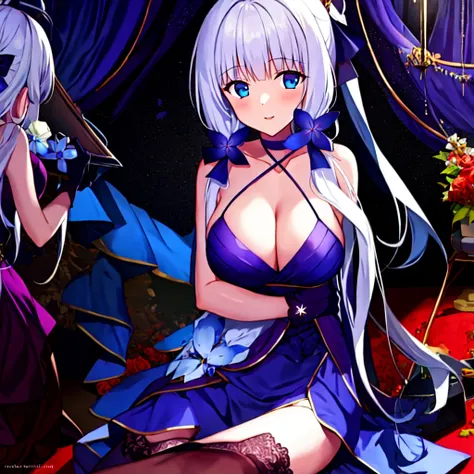 (masterpiece, best quality:1.2), 1girl, solo, white hair, black gloves, black stockings, indoors