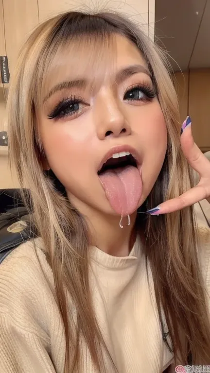 Japanese woman, beautiful girl, gal, blonde, baby face, highest quality realistic skin, eyes in focus, 20 years old, sticking out tongue, focus on mouth, open mouth, long tongue, saliva, open mouth wide, inside of mouth visible, open mouth and sticking out...