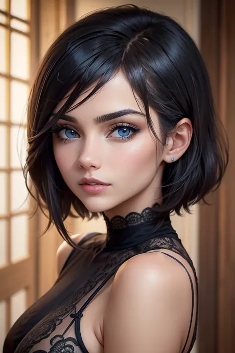 ((mejor calidad)), ((obra maestra)), (detallado), cara perfecta,  ojos azules, cabello negro corto con flequillo estilo bob labi...