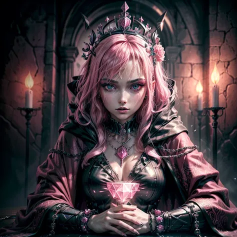 ((Best quality)), ((masterpiece)), (Highly detailed: 1.3), 3d, NeonBlack, beautiful cyberpunk queen, pink, (with a strange pendant on her chest: 1.2), (diamond-shaped pupils: 1.2), (wearing a long pink decorative cloak: 1.2), (wearing a crown: 1.2), candle...