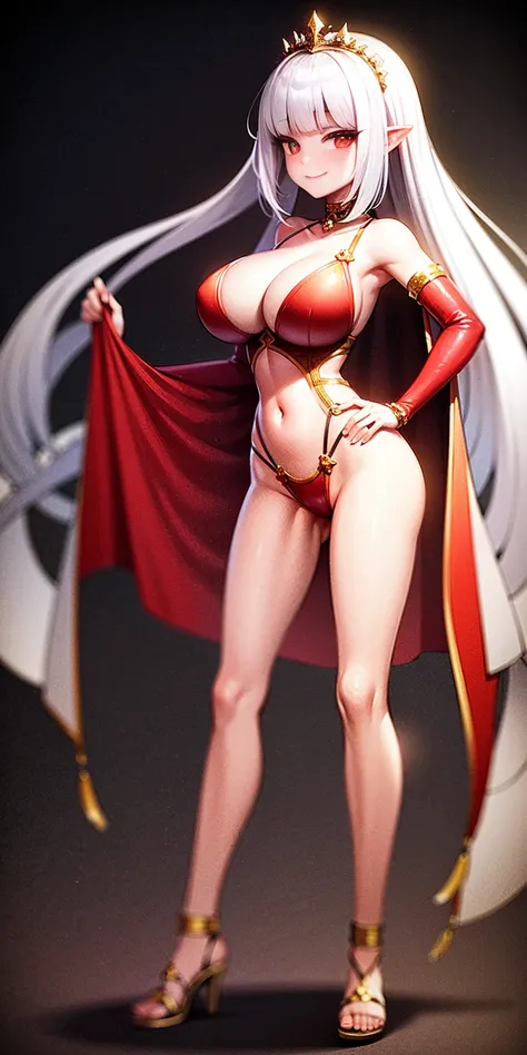 ((BLACK BACKGROUND,1:2, masterpiece)), full body MILF BIMBO standing with two long thighs and two high heels, red eyes, silver white hair, short bob style hair, big breasts, cleavage, separate sleeves, tiara royal, long cape up to two feet, yellow bikini, ...