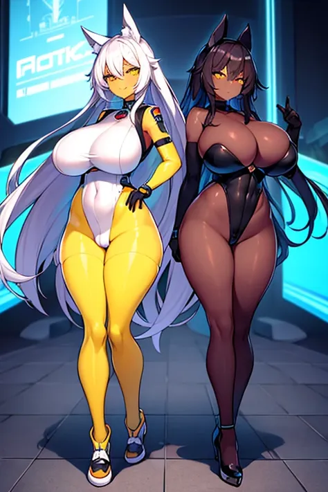 2girls, dark-skinned female, breasts, large breasts, wide hips, white hair, long hair, yellow eyes, smile, smirk, smug, pervert, bodysuit, black bodysuit, futuristic, tech, science-fiction, neon, neon trim, pantyhose, black pantyhose, full body, ((full bod...