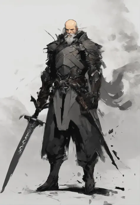 human male, dark armour, full plate, heavier armor, sword in hands, no helmet, canvas, balding older male, short beard, sword in his hand, Yoji Shinkawa style