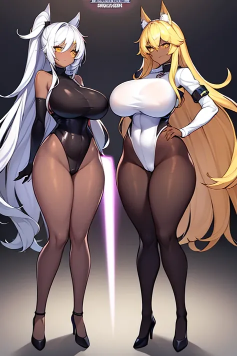 2girls, dark-skinned female, breasts, large breasts, wide hips, white hair, long hair, yellow eyes, smile, smirk, smug, pervert, bodysuit, black bodysuit, futuristic, tech, science-fiction, neon, neon trim, pantyhose, black pantyhose, full body, ((full bod...