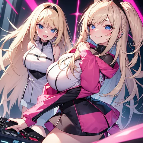 highest quality、blonde、slanted eyes、blue eyes、pale skin、gal、pink hoodie、Her zipper is open, exposing her breasts、Have many ear piercings、pink lip、heavy makeup、big breasts、short skirt、knee high boots、DJing live、Beautiful stage、lots of neon、Ruthless smile、re...