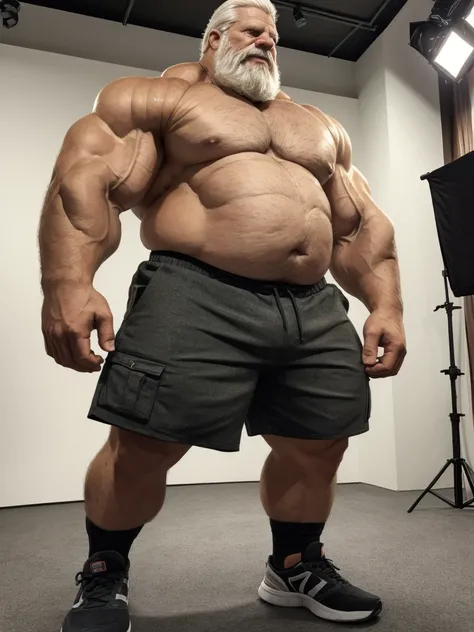 ground level camera shot, (best quality,4k,8k,highres,masterpiece:1.2),ultra-detailed,(realistic,photorealistic,photo-realistic:1.37),((massive muscular)) ((huge Muscular)) chubby old man standing in photo studio, simple background, , shorts and shoes, whi...