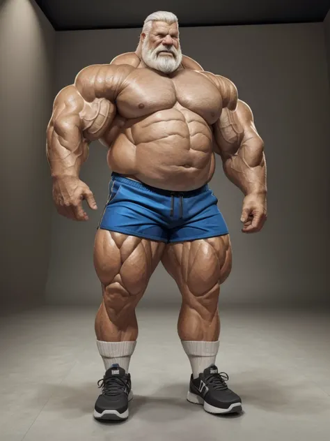 ground level camera shot, (best quality,4k,8k,highres,masterpiece:1.2),ultra-detailed,(realistic,photorealistic,photo-realistic:1.37),((massive muscular)) ((huge Muscular)) chubby old man standing in photo studio, simple background, , shorts and shoes, whi...