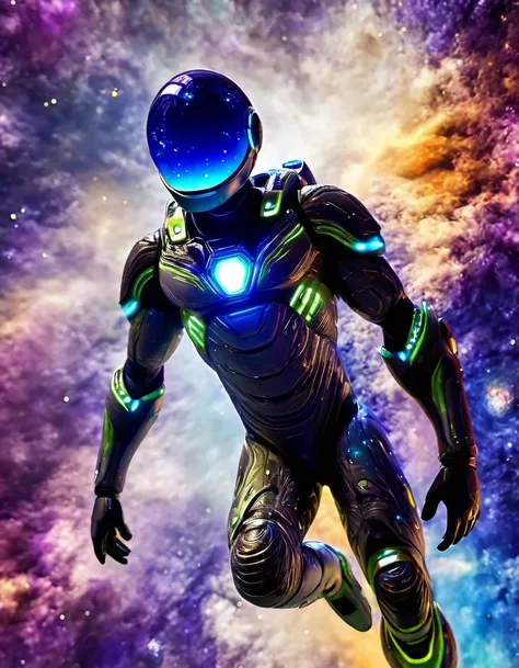 Astronaut in parallel parts between fusion with the cosmos with space-time effect and interstellar radiation form with visible galaxies of Hyper Realistic and Surrealistic graphics, astronaut lost in outer space with every orbit around him as if he were th...