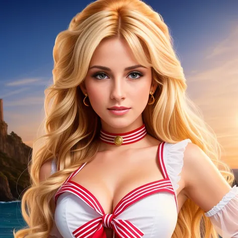 (best quality,4k,8k,high res,masterpiece:1.2),ultra-detailed, photorealistic, golden bronde hair,long hair, Mature and beautiful, realistic portrayal:1.2 Sailor Moon dressed in cowgirl attire.