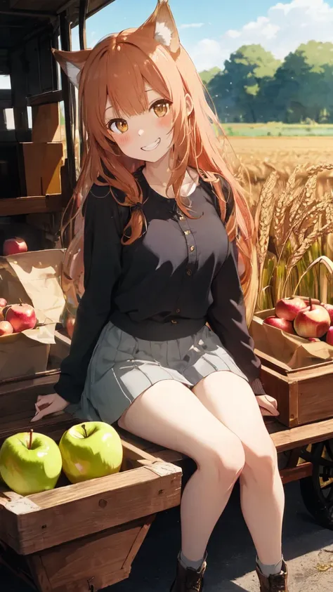 (best quality:1.2), (ultra detailed:1.2), ultra high resolusion, highres,8k, Country roads, wheat fields, hoodless horse-drawn carriage, "Spice and Wolf", Holo lying on a heap of apples piled up on a loading platform, grin, orange hair, long hair, wolf ear...