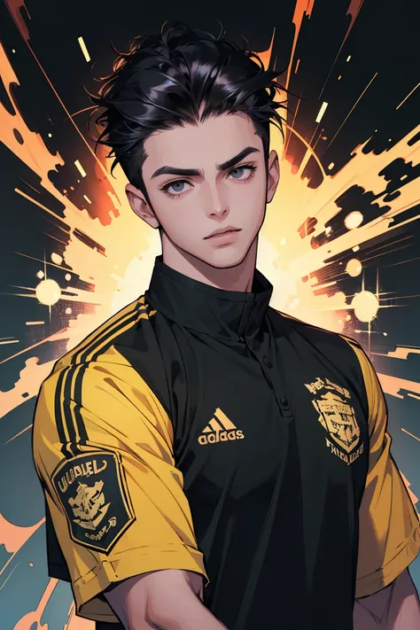 (absurdres, highres, ultra detailed, anime style), 1boy, Highschool young guy, handsome, tall guy, finely detailed black eyes and face, black hair, Quiff hair, black color eyes, black soccer uniform, One hand full golden sleeve, holographic, Black, portrai...