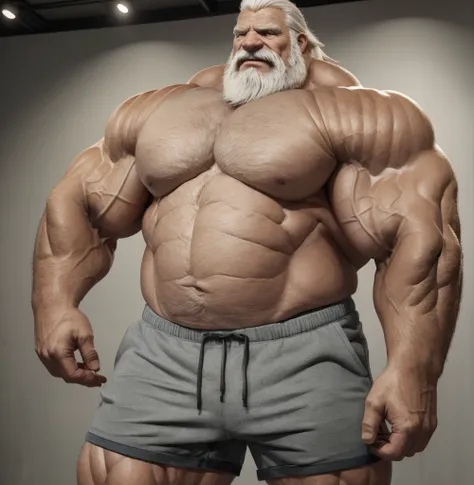 ground level camera shot, (best quality,4k,8k,highres,masterpiece:1.2),ultra-detailed,(realistic,photorealistic,photo-realistic:1.37),((massive muscular)) ((huge Muscular)) old man standing in photo studio, simple background,  shorts , white hair, super th...