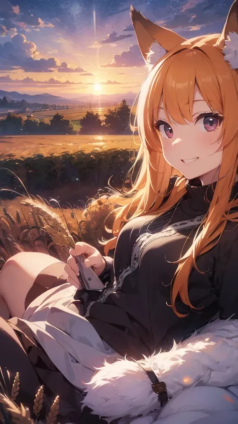 (best quality:1.2), (ultra detailed:1.2), ultra high resolusion, highres,8k, Country roads, wheat fields, hoodless horse-drawn carriage, "Spice and Wolf", Holo lying on a heap of apples piled up on a loading platform, grin, orange hair, long hair, wolf ear...