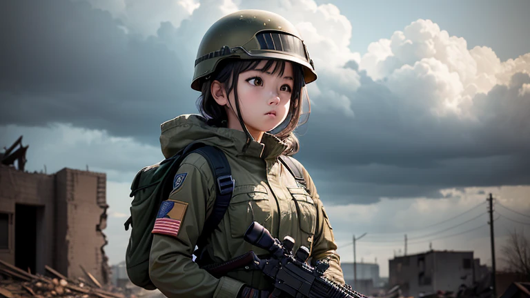 Girl in combat uniform、Helmet、Holding a state-of-the-art light machine gun to his chest, he looks up at the sky with ominous clouds.。In the background is a ruined building。real、high quality、16：9