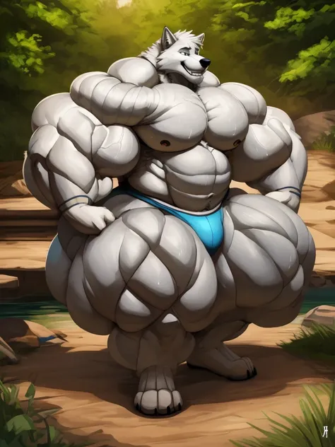 4k, high resolution, best quality, perfect lightning, perfect, solo, anthro, young, boy,white wolf:2.0, furry body, (fluffy mane:1.2), fluffy tail, male, adult, (bulky2:0, thick muscles2:0, huge muscles:2.0, hyper muscles:2.0), (thick biceps, veiny biceps,...