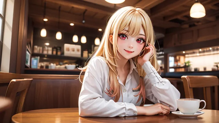 (original photo, best quality), 1 girl with blonde hair and red eyes,  Kitagawa Umimu, natural lighting, Upper body, cafes, Smile,
Satosh Khan Art Style