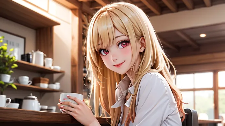 (original photo, best quality), 1 girl with blonde hair and red eyes,  Kitagawa Umimu, natural lighting, Upper body, cafes, Smile,
Satosh Khan Art Style