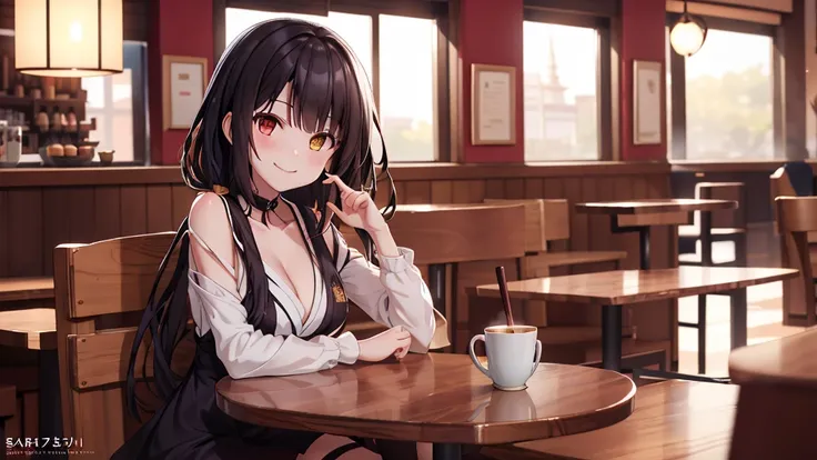 (original photo, best quality), 1 girl, tokisaki kurumi, natural lighting, upper body, cafes, smile, satosh khan art style