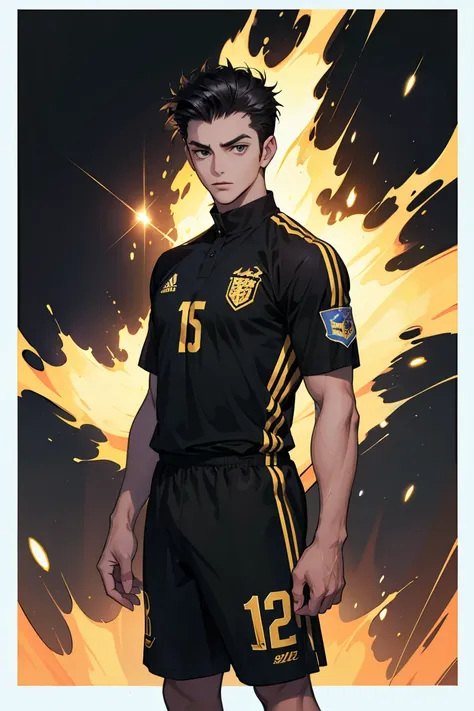 (absurdres, highres, ultra detailed, anime style), 1boy, Highschool young guy, handsome, tall guy, finely detailed black eyes and face, black hair, Quiff hair, black color eyes, black and golden soccer uniform, holographic, Black, portrait, playing soccer,...